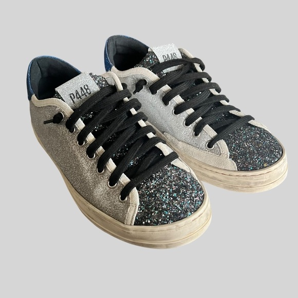 Women's P448 SPARKLE GLITTER Silver Low-Top Lace Up Sneaker Night Out. - Picture 1 of 9